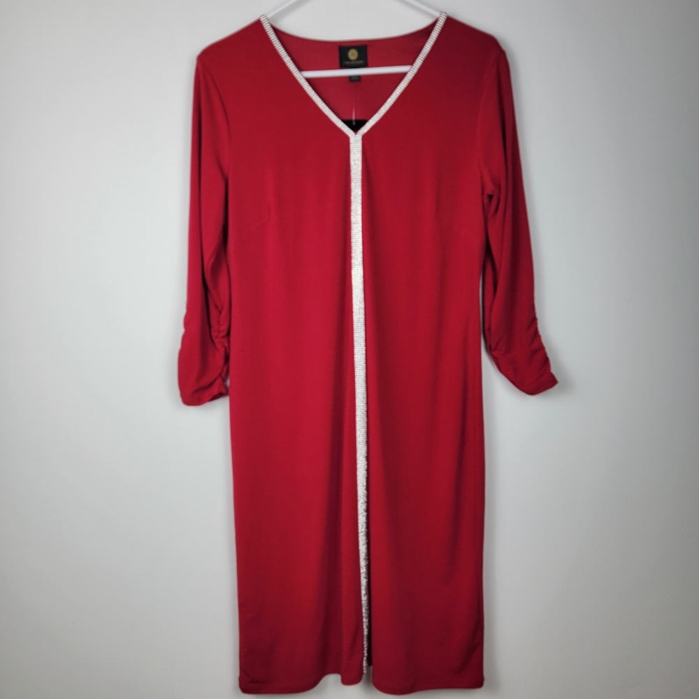JM Womens Collection Embellished-Trim Multi Stretch Shift Elegant Red Dress Sz S